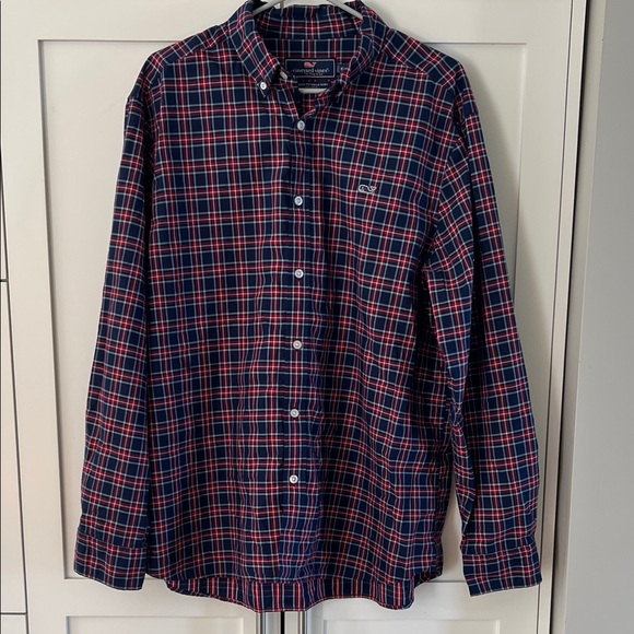Vineyard Vines Men's Blue and Red Checkered Shirt - Picture 1 of 7